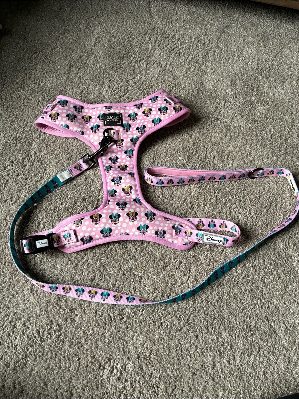 Sassy Wolf Disney Pink Minnie Mouse Dog Harness Teal Accents